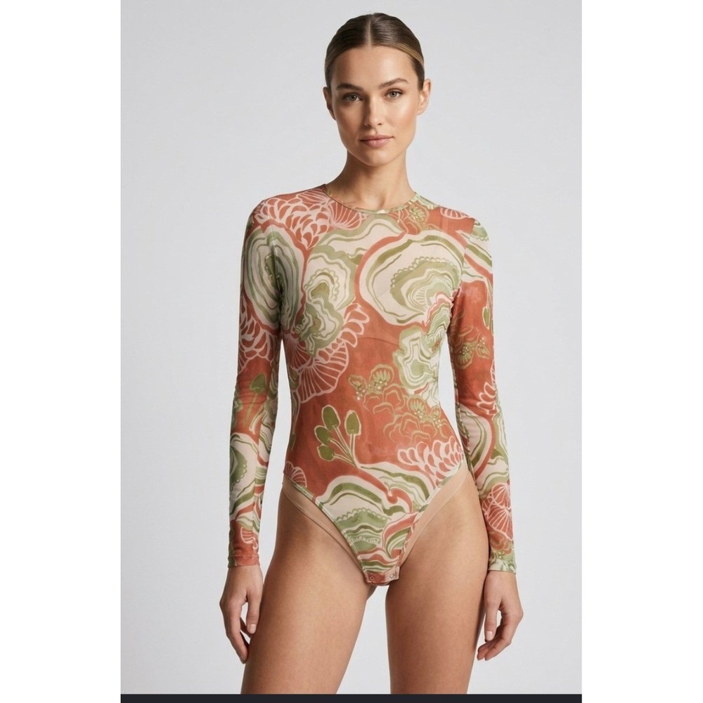 Andrea Iyamah Elle Mesh Bodysuit Long Sleeve Mushroom Print S2217A Size L NWT
